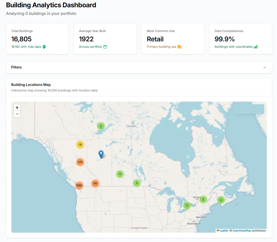 InPort portfolio dashboard showing building locations on an interactive map.