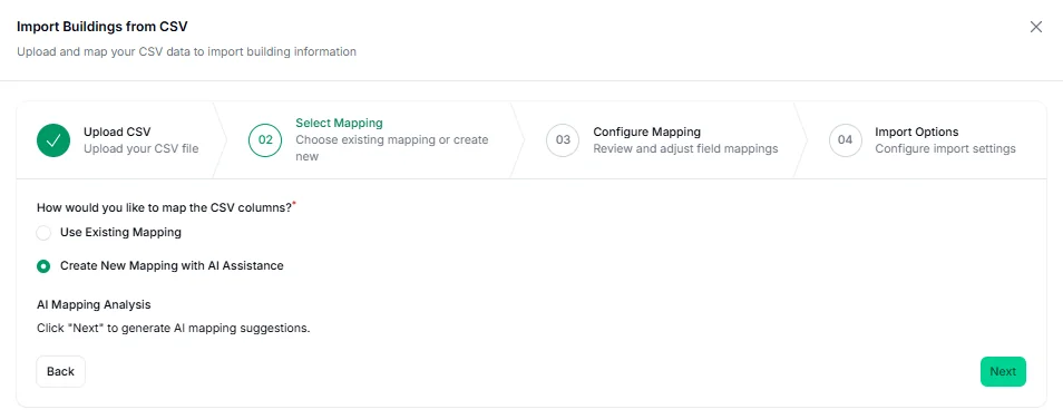 InPort CSV import wizard showing AI-powered column mapping with confidence scores.